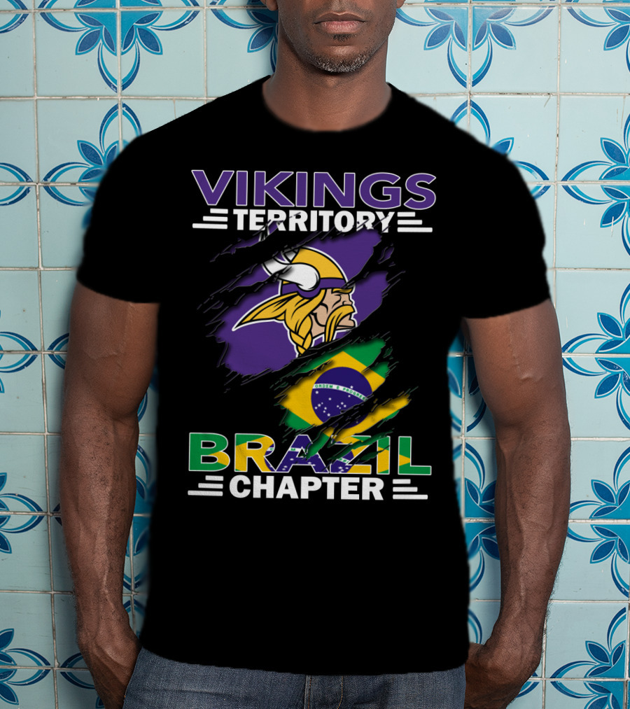 Vikings Territory Brazil Chapter Purple Gold Logo And Brazilian Flag Fusion T-Shirt