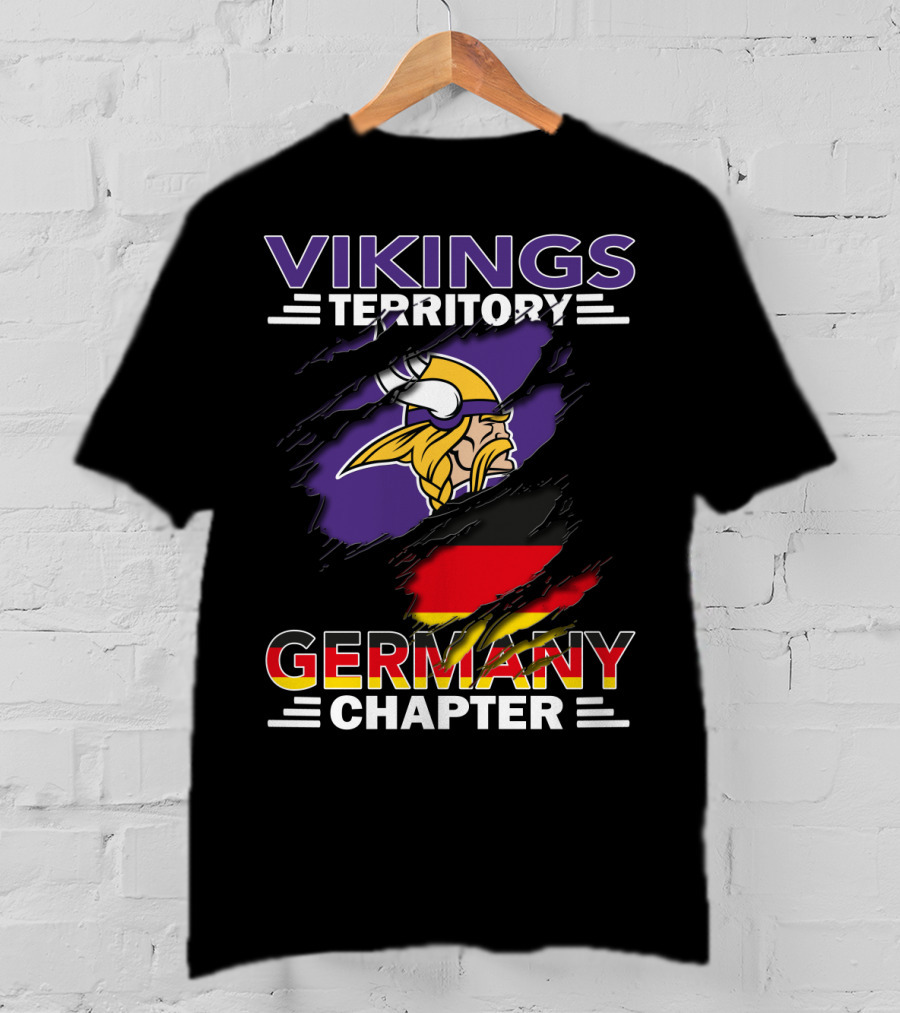 Vikings Territory Germany Chapter Purple And Gold Logo With German Flag Background T-Shirt