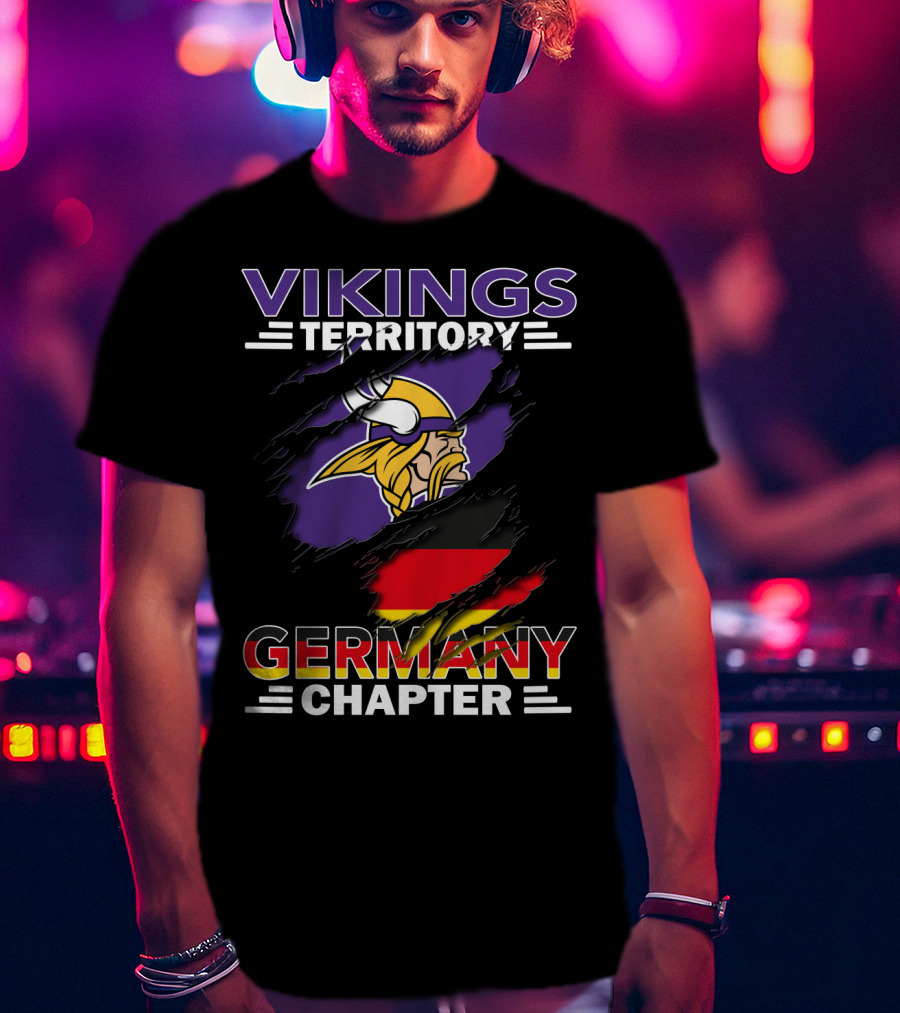 Vikings Territory Germany Chapter Purple And Gold Logo With German Flag Background T-Shirt