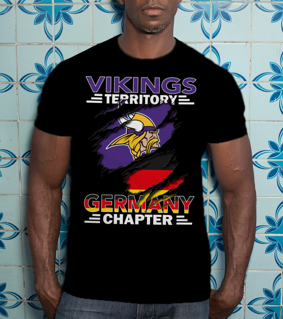 Vikings Territory Germany Chapter Purple And Gold Logo With German Flag Background T-Shirt