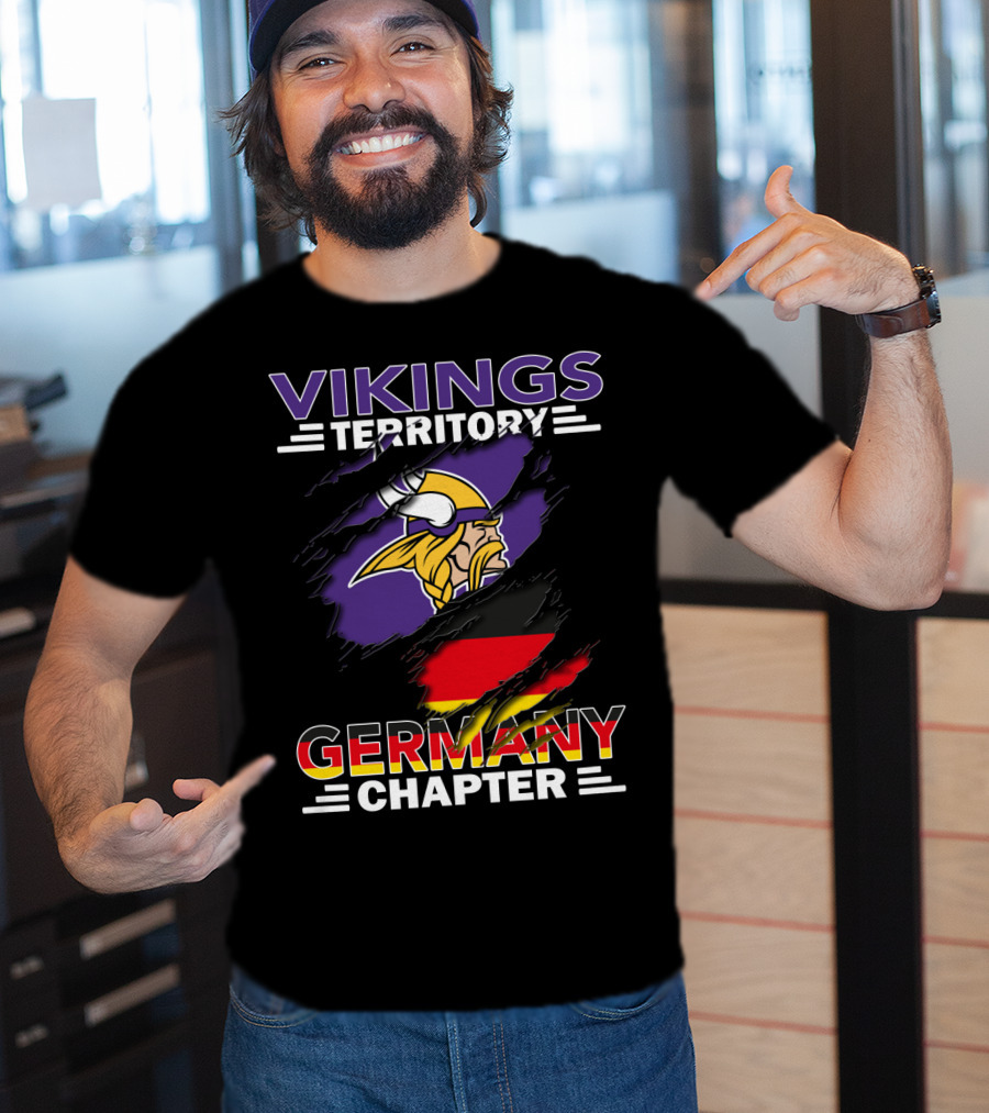 Vikings Territory Germany Chapter Purple And Gold Logo With German Flag Background T-Shirt