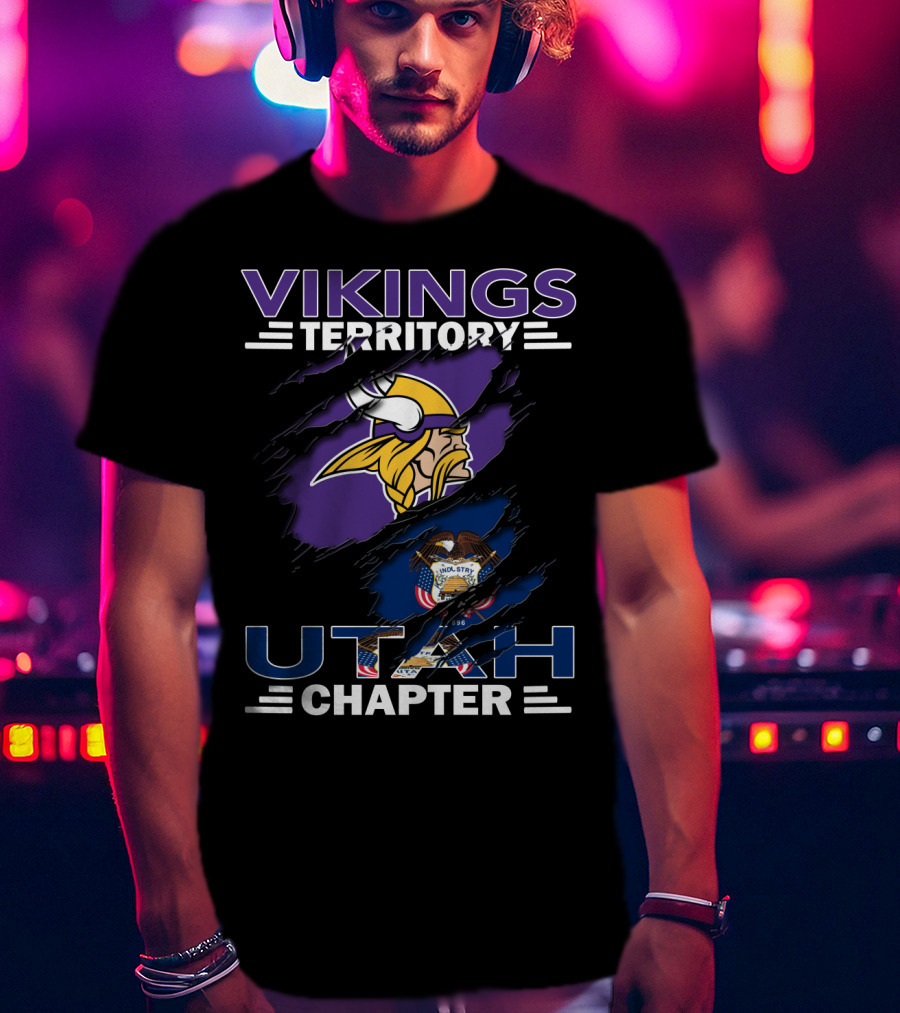 Vikings Territory Utah Chapter Emblem With Viking Helmet And Utah State Flag T-Shirt