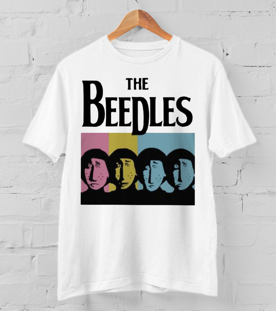 The Beedles Cartoon Pop Art Faces In Pink Yellow Blue T-Shirt