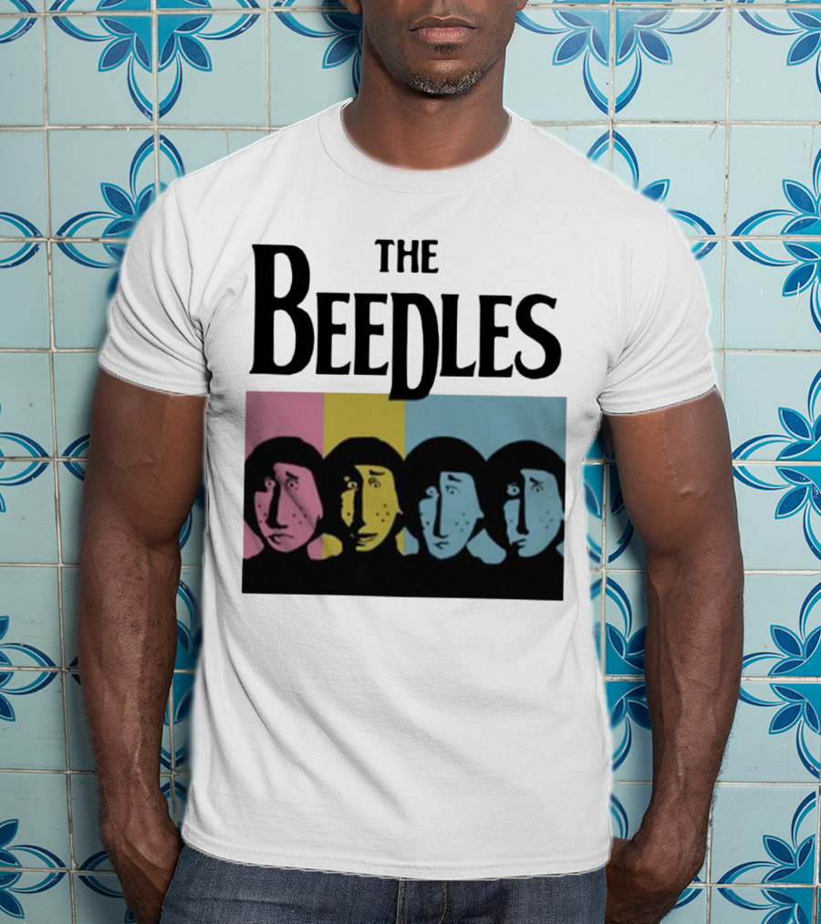 The Beedles Cartoon Pop Art Faces In Pink Yellow Blue T-Shirt