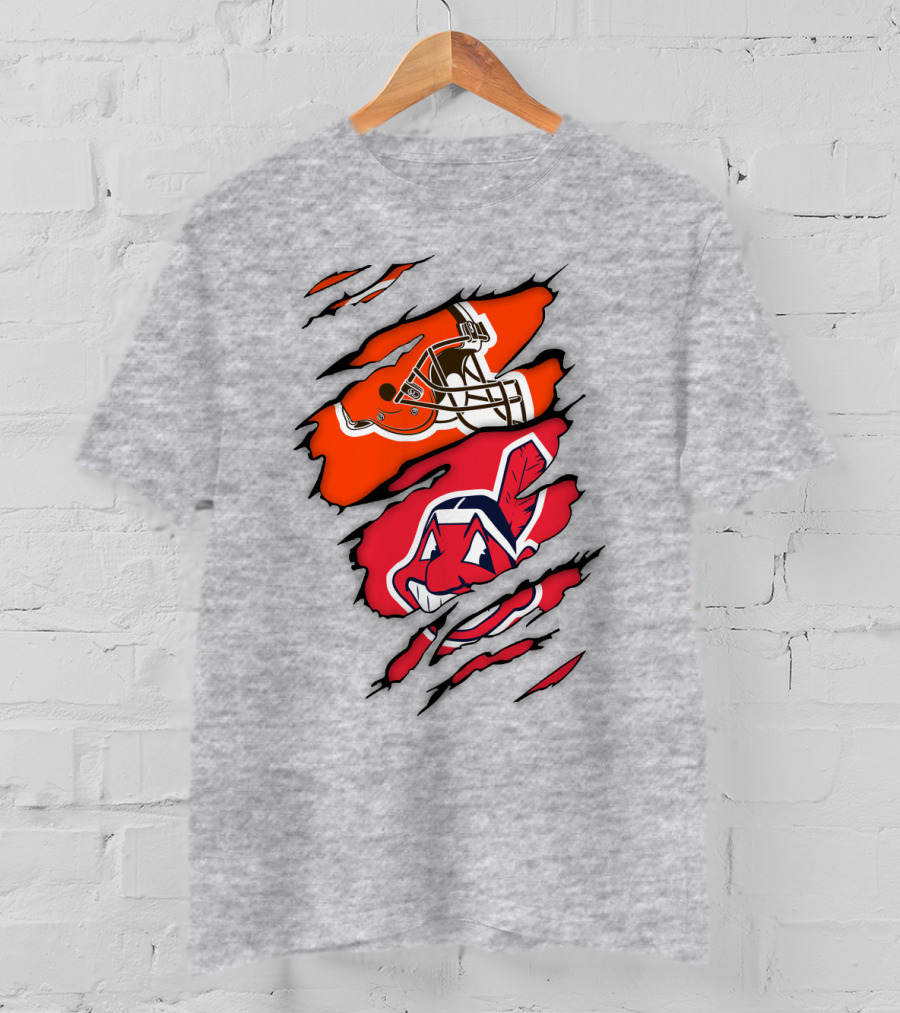 Cleveland Indians Browns Football Helmet Chief Wahoo Torn Rip T-Shirt