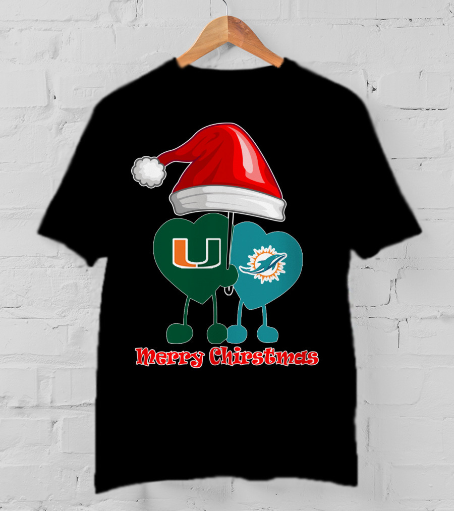 Merry Christmas Miami Dolphins Miami Hurricanes Santa Hat Hearts T-Shirt