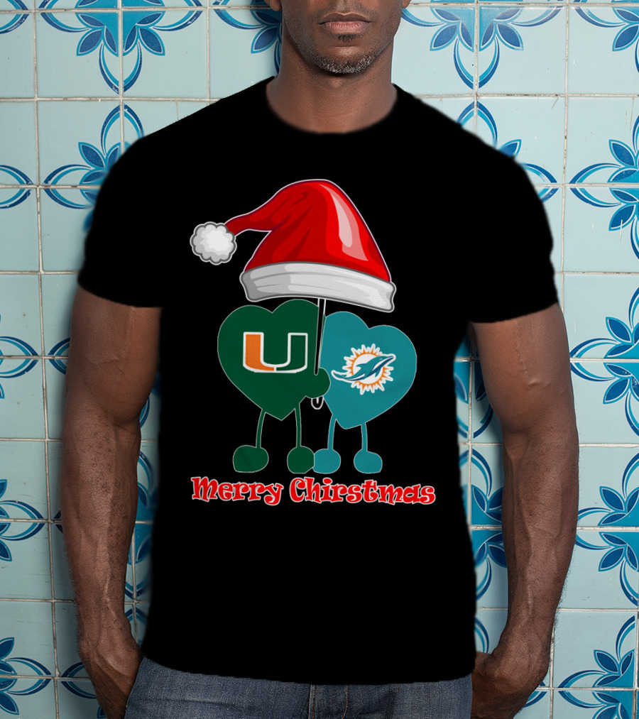 Merry Christmas Miami Dolphins Miami Hurricanes Santa Hat Hearts T-Shirt