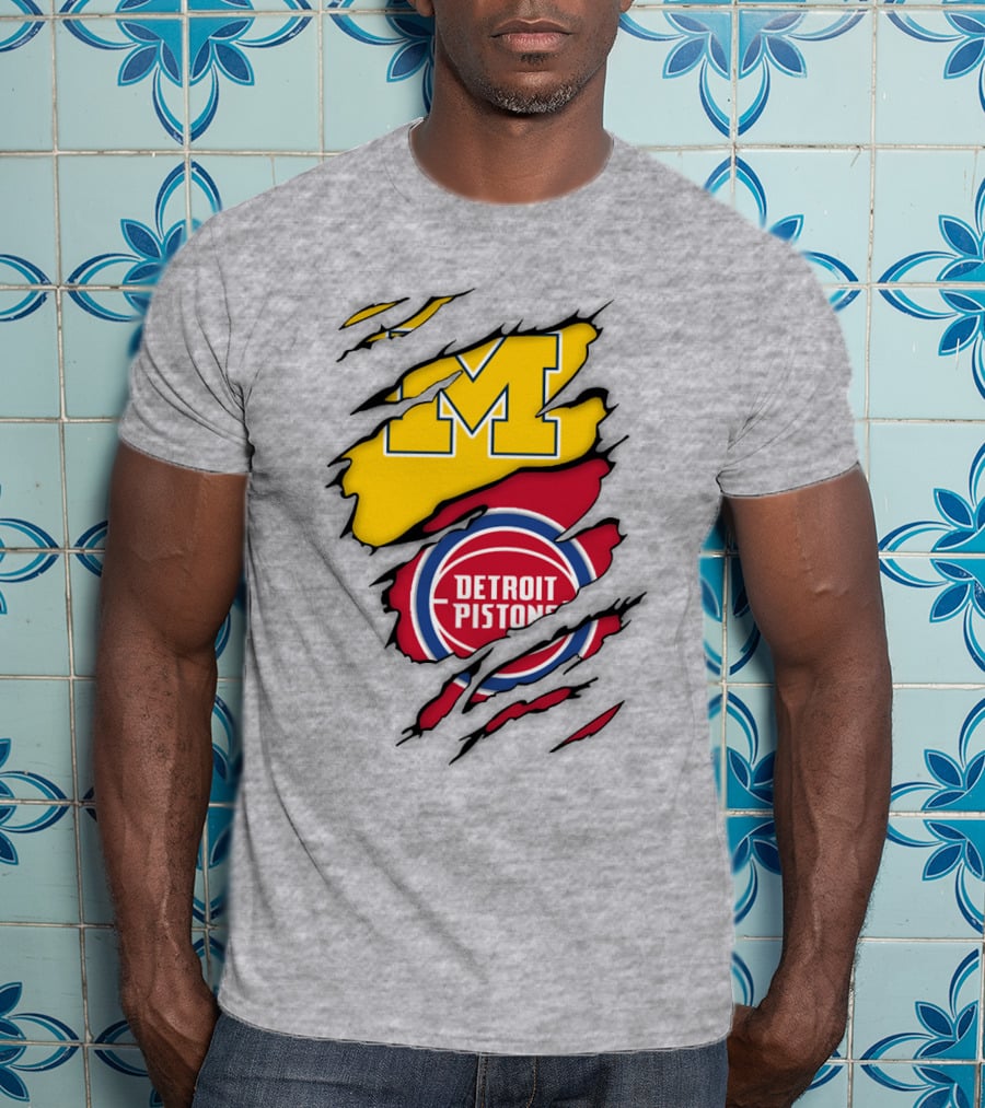 Detroit Pistons Michigan Wolverines Team Logo Mashup T-Shirt