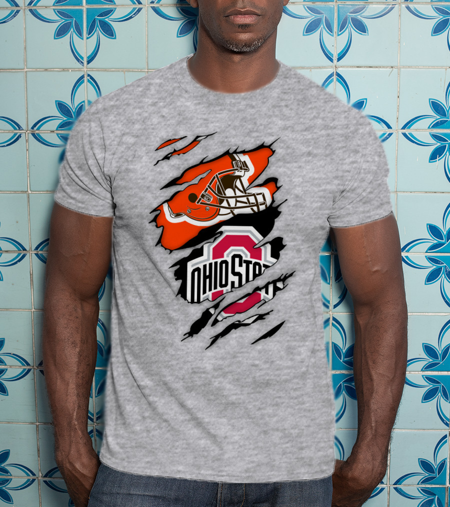 Cleveland Browns Helmet And Ohio State Buckeyes Logo Ripped T-Shirt