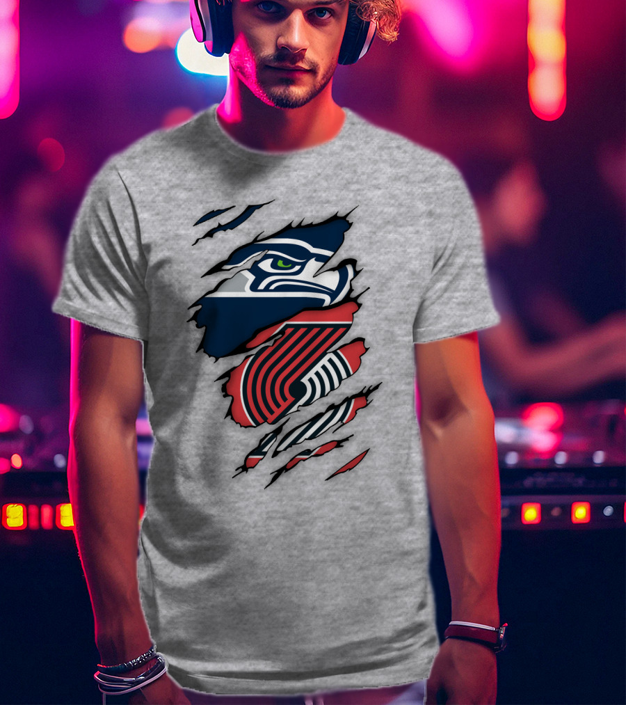 Portland Trail Blazers Seattle Seahawks Ripped Logo Fusion T-Shirt
