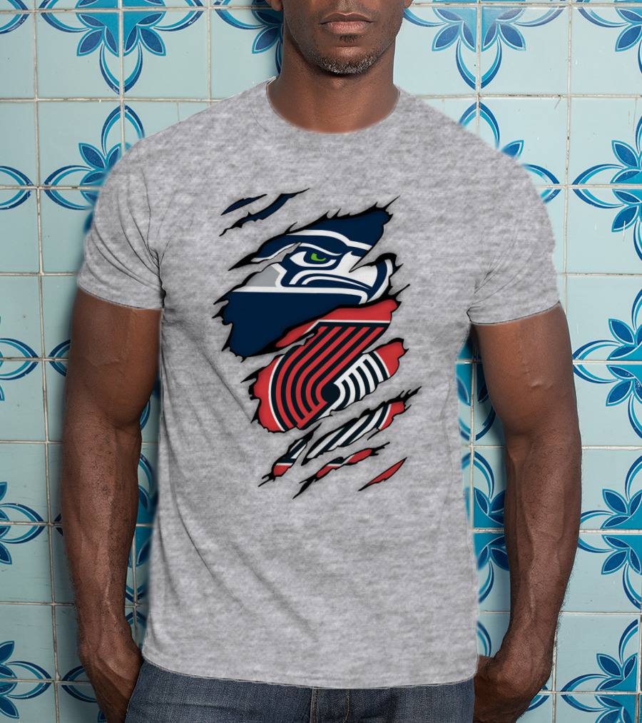 Portland Trail Blazers Seattle Seahawks Ripped Logo Fusion T-Shirt