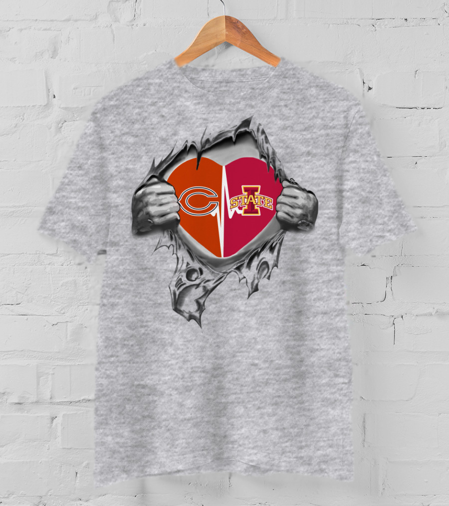 Iowa State Chicago Bears Logo Heart Ripped T-Shirt