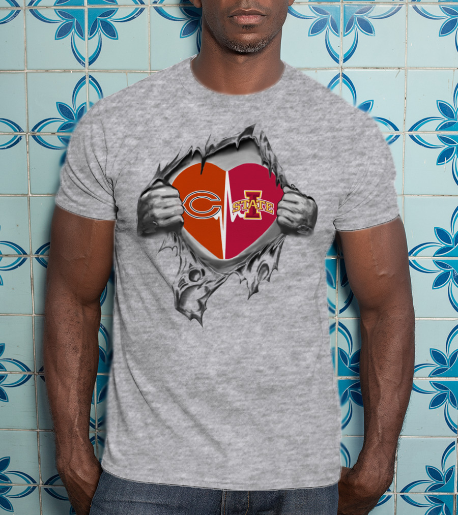 Iowa State Chicago Bears Logo Heart Ripped T-Shirt