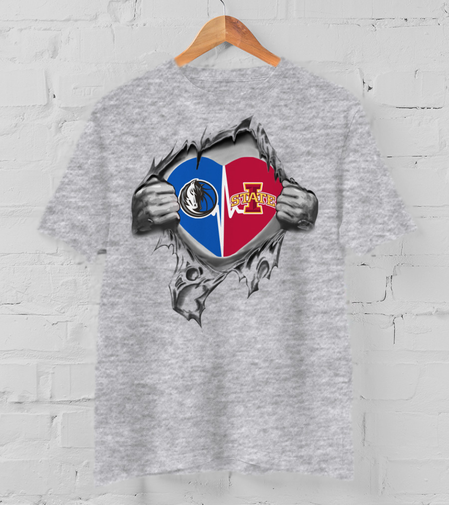 Iowa State Dallas Mavericks Heart With Rip Effect Logo Fusion T-Shirt