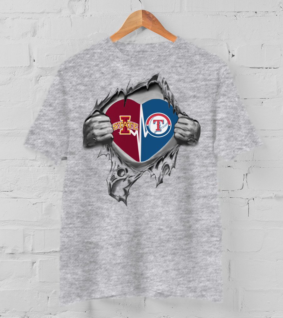 Iowa State Cyclones And Texas Rangers Heart Burst Logo Collaboration T-Shirt