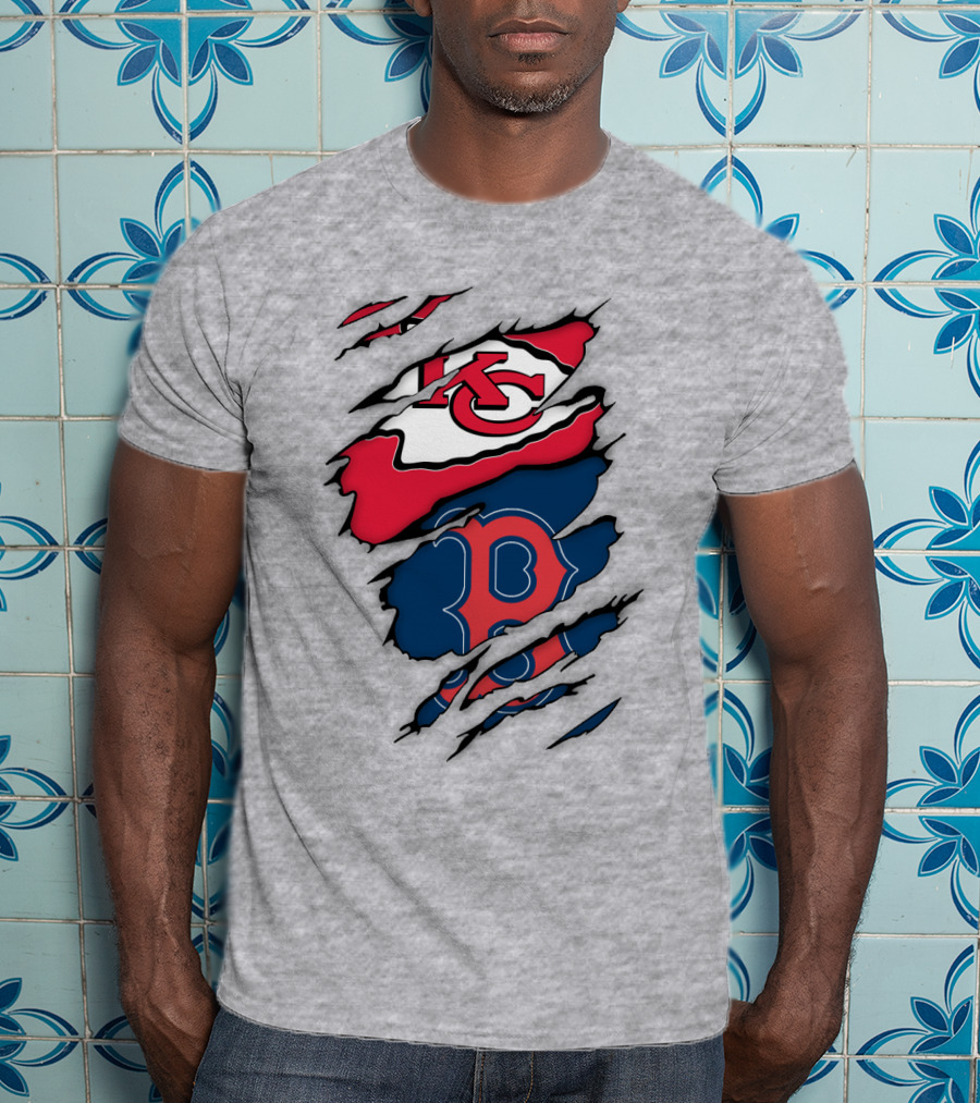 Boston Red Sox Kansas City Chiefs Combined Logo Fan Gear T-Shirt