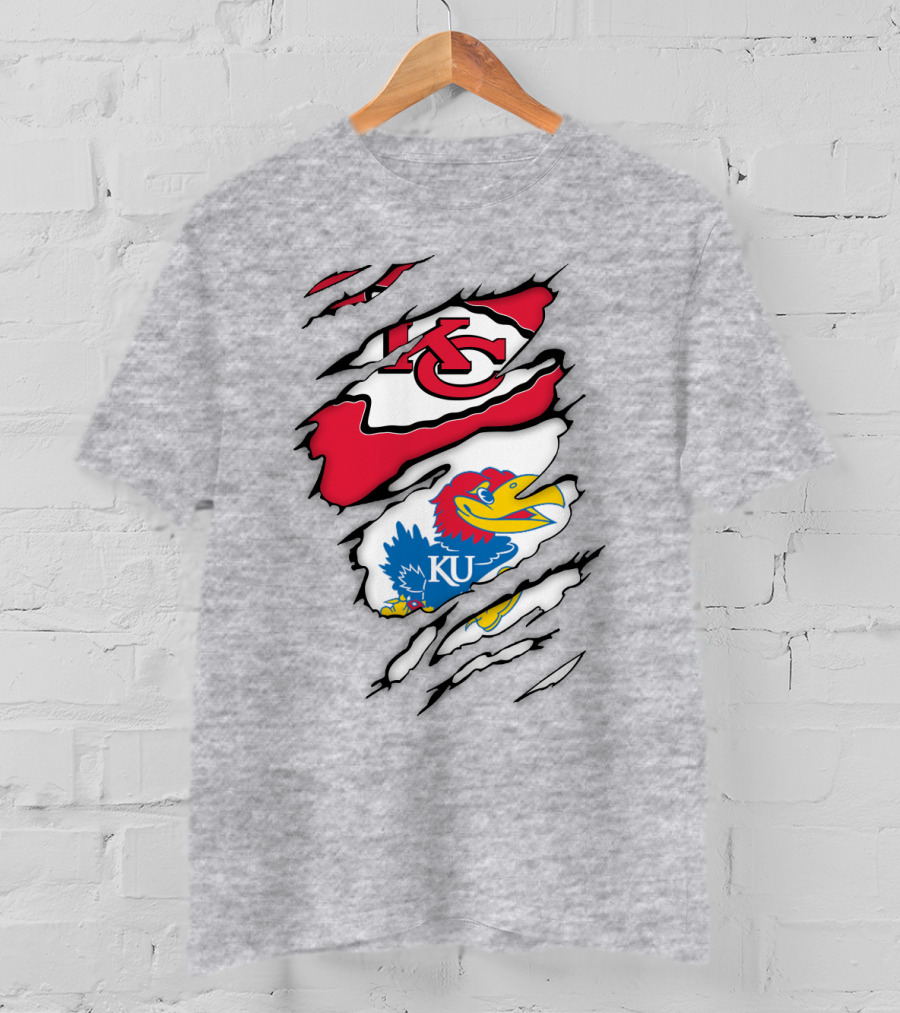 Kansas City Chiefs And Ku Jayhawks Logos Torn T-Shirt