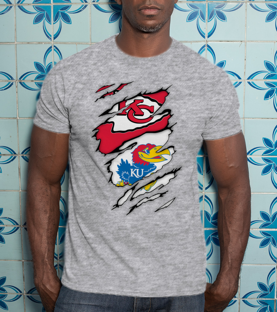 Kansas City Chiefs And Ku Jayhawks Logos Torn T-Shirt