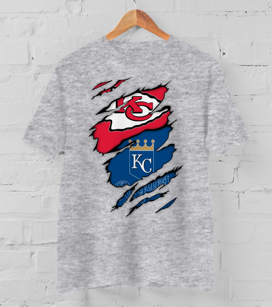 Kansas City Royals Kc And Kansas City Chiefs Arrowhead Red Blue Logo Fusion T-Shirt