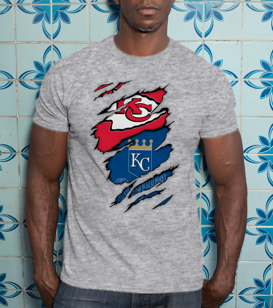 Kansas City Royals Kc And Kansas City Chiefs Arrowhead Red Blue Logo Fusion T-Shirt