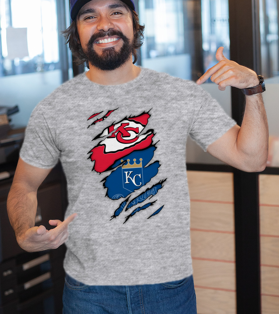 Kansas City Royals Kc And Kansas City Chiefs Arrowhead Red Blue Logo Fusion T-Shirt