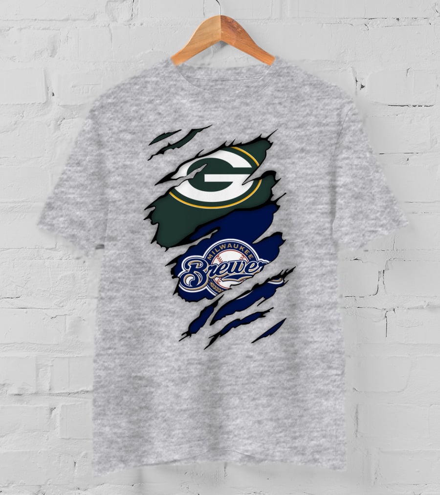 Milwaukee Brewers Green Bay Packers Logos Claw Marks T-Shirt