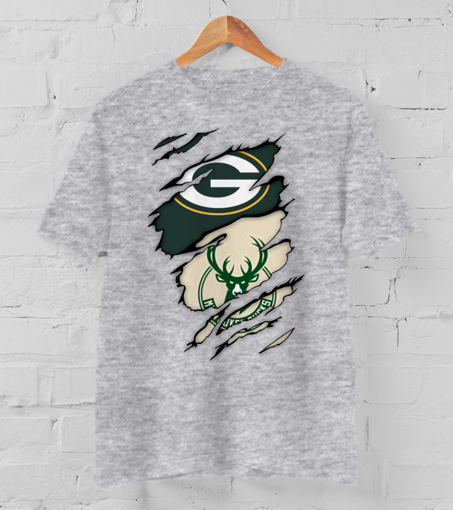 Green Bay Packers Milwaukee Bucks Ripped Reveal Logo Fusion T-Shirt