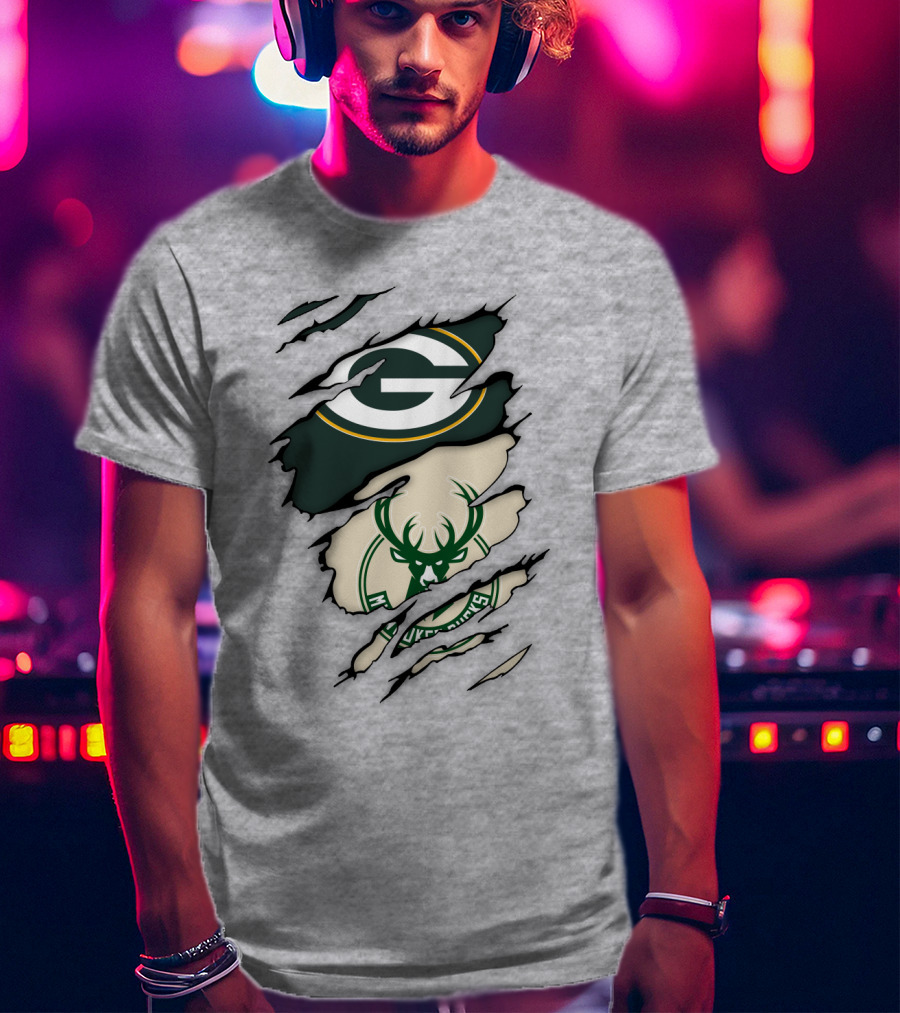 Green Bay Packers Milwaukee Bucks Ripped Reveal Logo Fusion T-Shirt