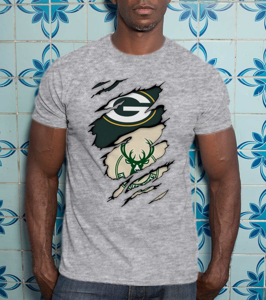 Green Bay Packers Milwaukee Bucks Ripped Reveal Logo Fusion T-Shirt
