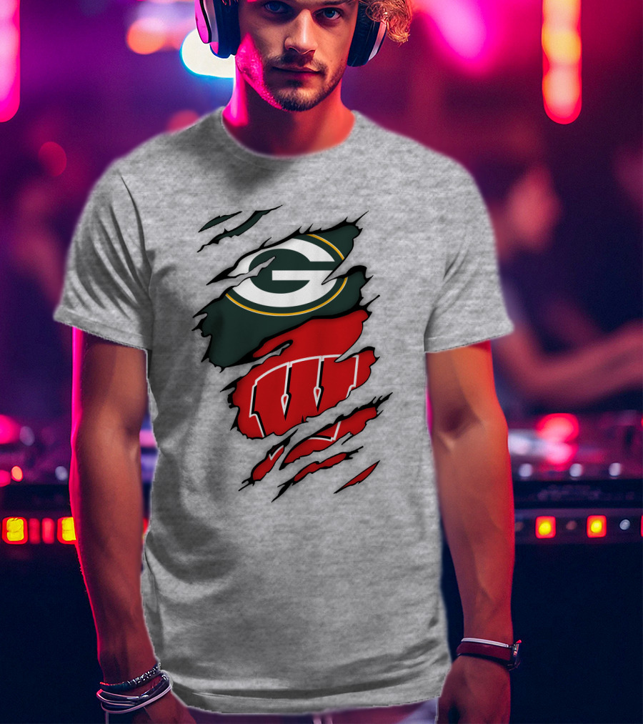 Wisconsin Badgers And Green Bay Packers Claw Marks Logo Mashup T-Shirt