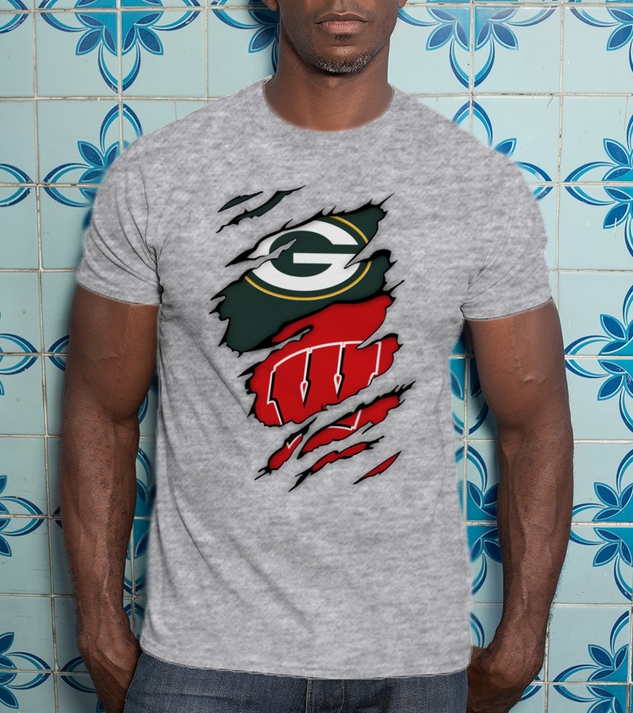 Wisconsin Badgers And Green Bay Packers Claw Marks Logo Mashup T-Shirt