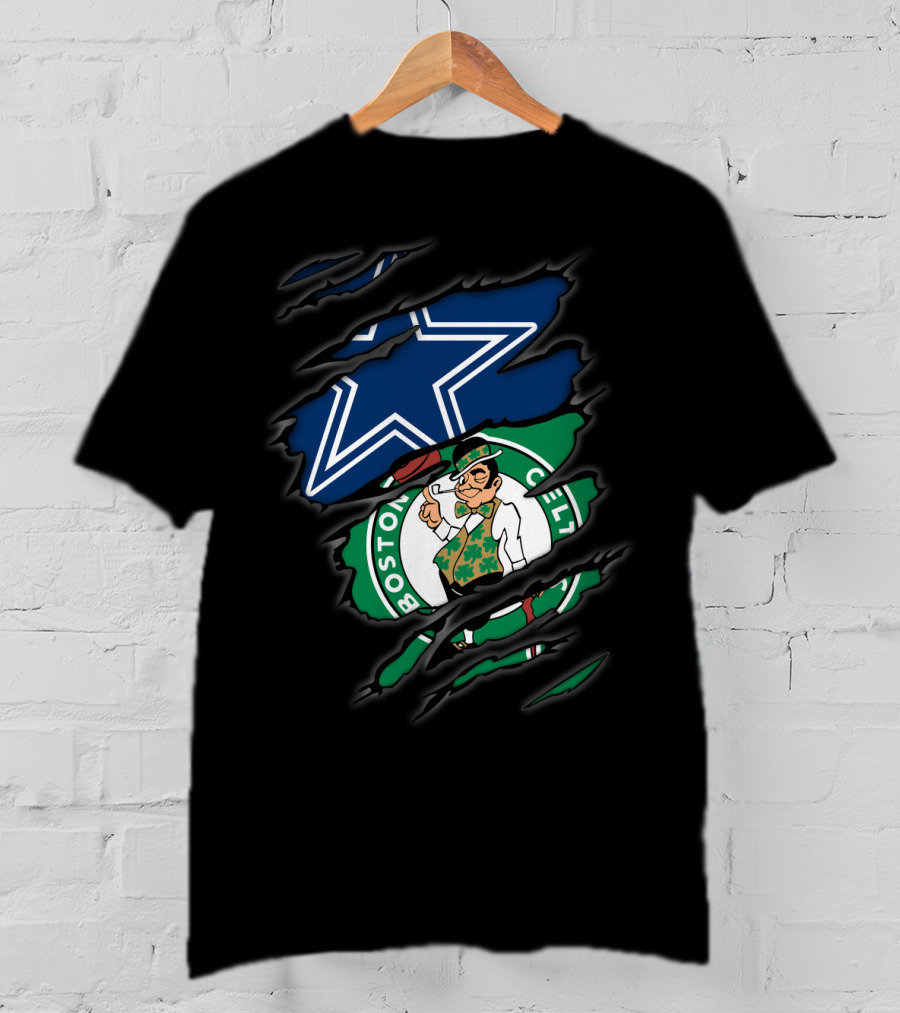 Cowboys Boston Celtics Logo Mashup Ripped T-Shirt