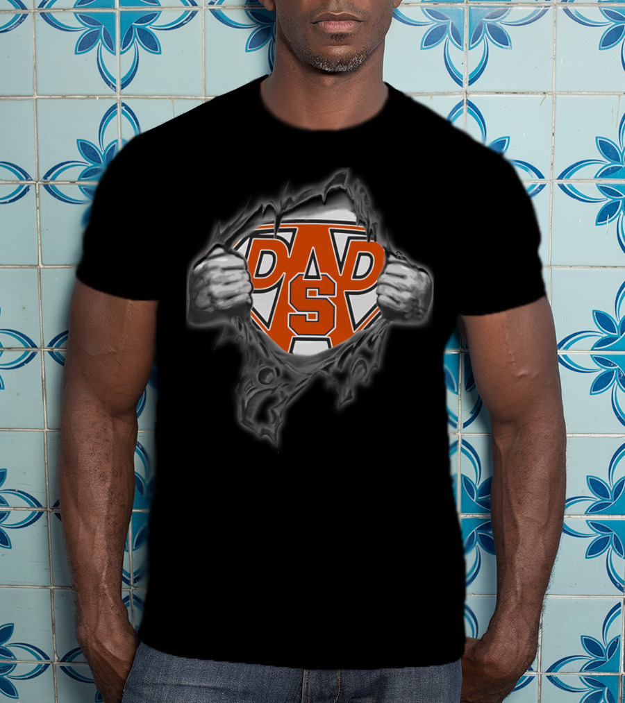 Orange S Dad Superhero Logo Hands Torn Background T-Shirt