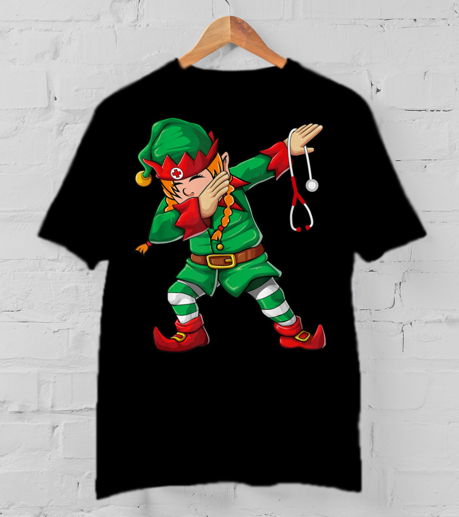 Dabbing Elf Girl Christmas Nurse Stethoscope Scrub Tops T-Shirt