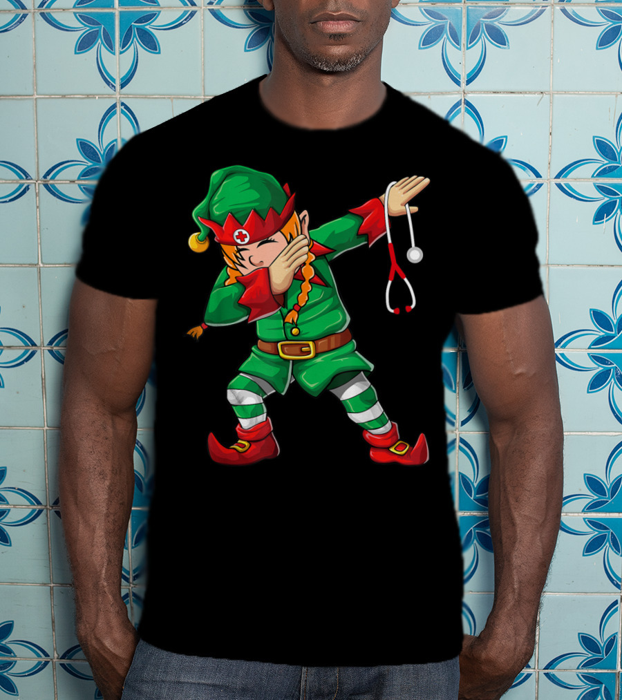 Dabbing Elf Girl Christmas Nurse Stethoscope Scrub Tops T-Shirt