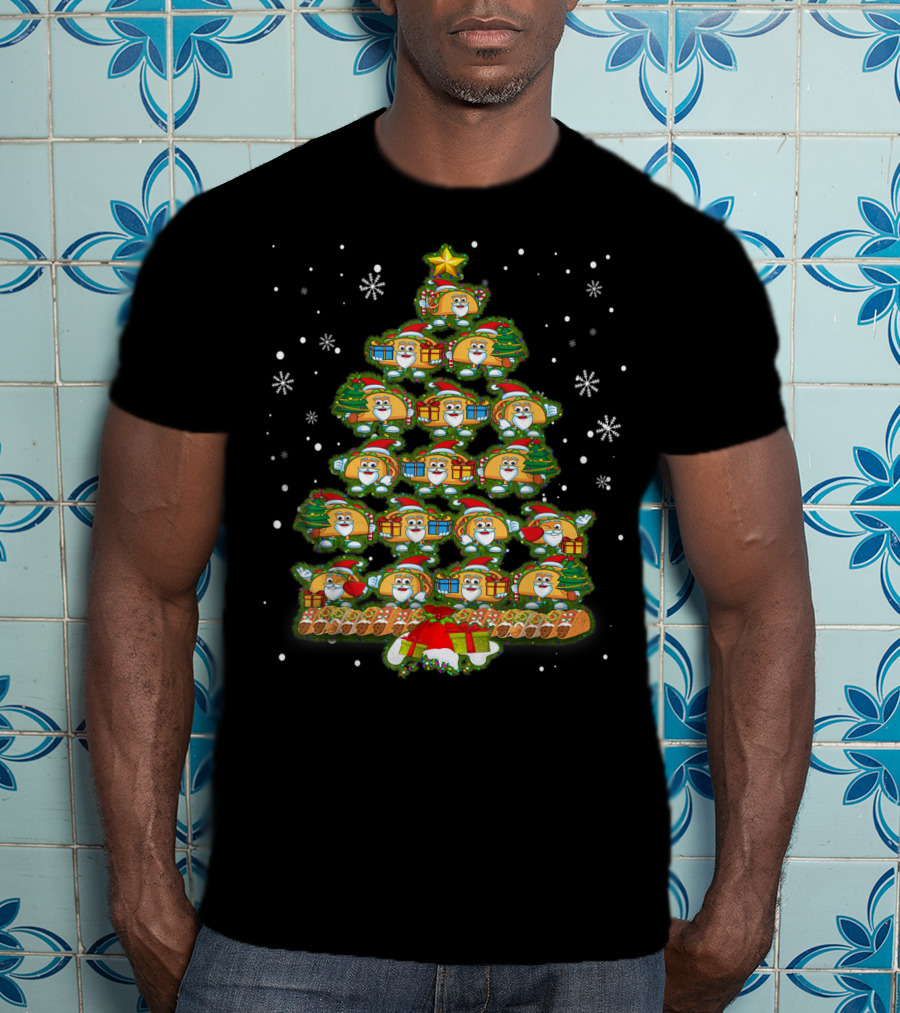 Tacos Santa Christmas Tree Light Decor Snowflakes T-Shirt