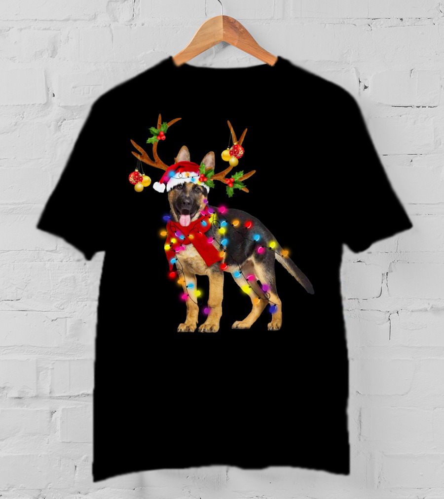 German Shepherd Christmas Dog With Reindeer Antlers And Holiday Lights T-Shirt