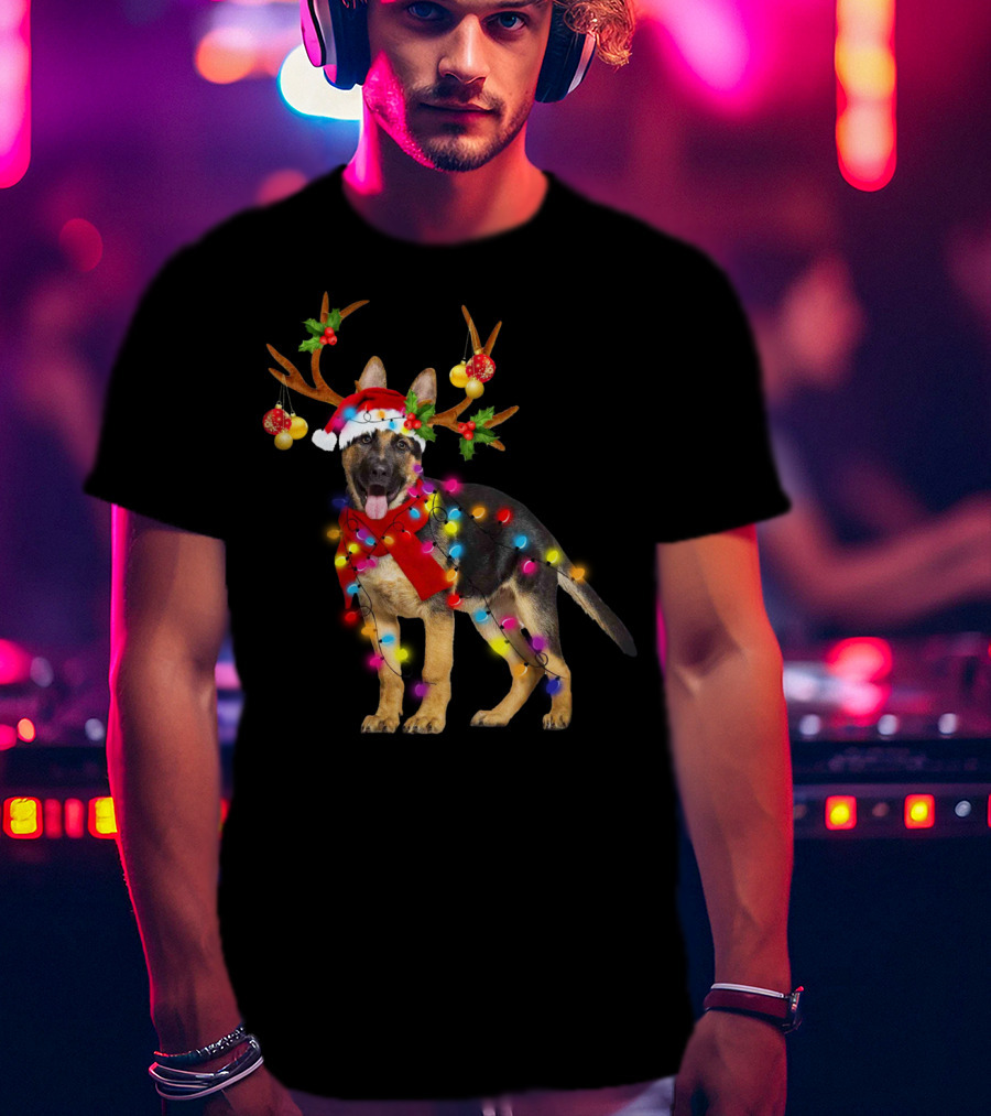 German Shepherd Christmas Dog With Reindeer Antlers And Holiday Lights T-Shirt