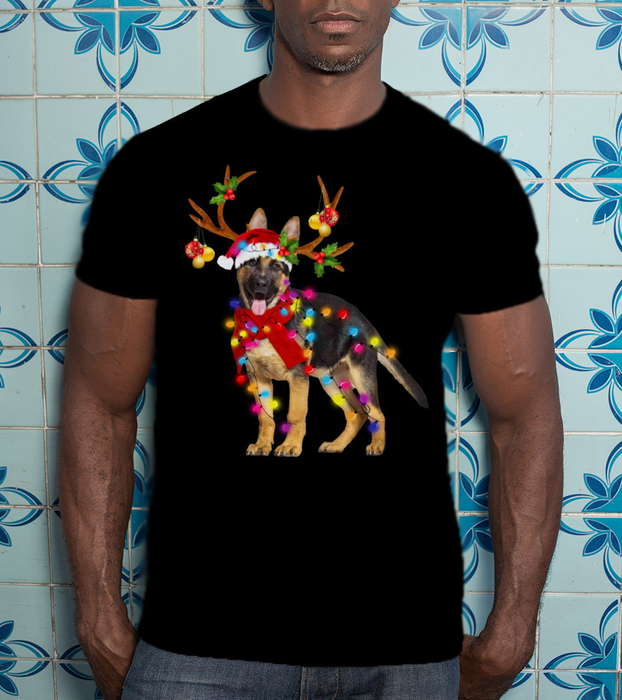 German Shepherd Christmas Dog With Reindeer Antlers And Holiday Lights T-Shirt