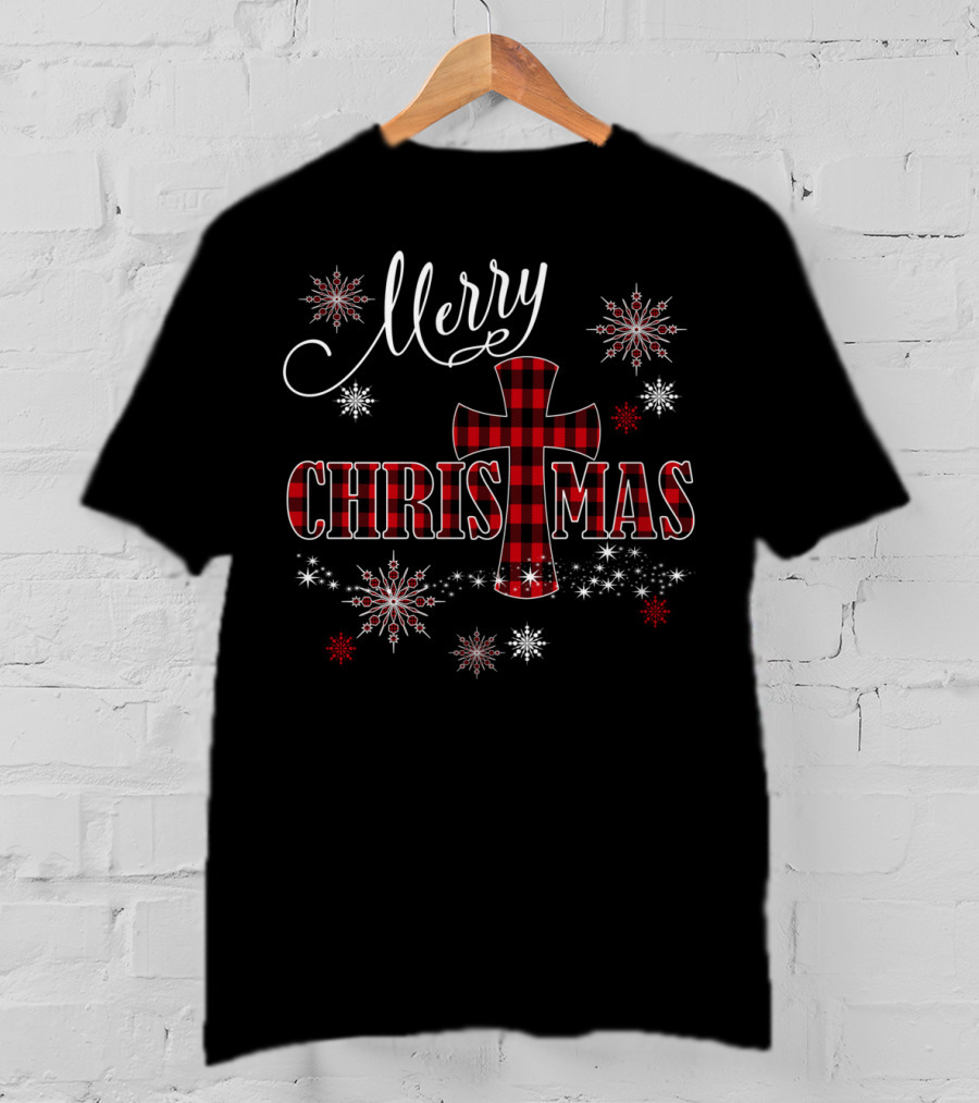 Merry Christmas Christian Cross Buffalo Plaid With Snowflakes T-Shirt
