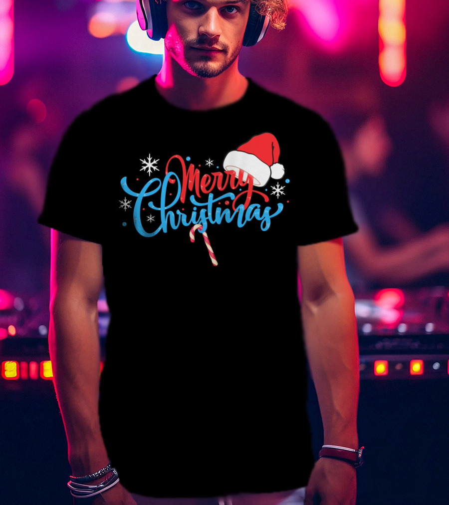 Merry Christmas Nice Santa's Hat Candy Cane Snowflakes T-Shirt
