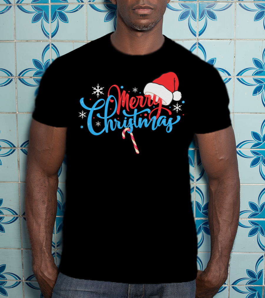 Merry Christmas Nice Santa's Hat Candy Cane Snowflakes T-Shirt