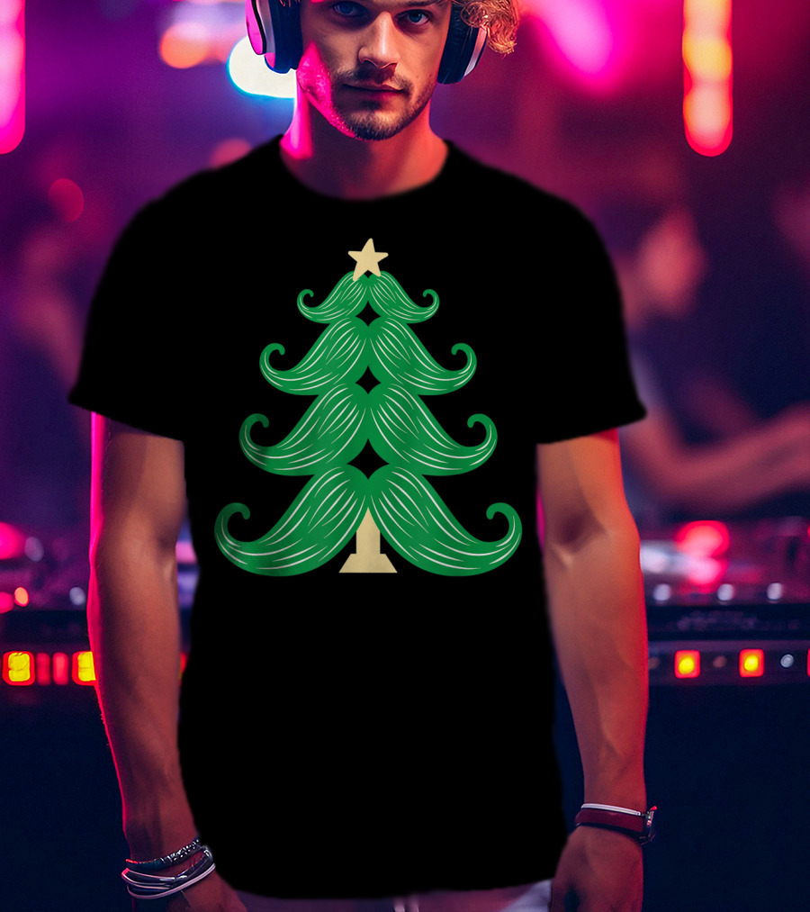 Mustache Christmas Tree Holiday Star T-Shirt