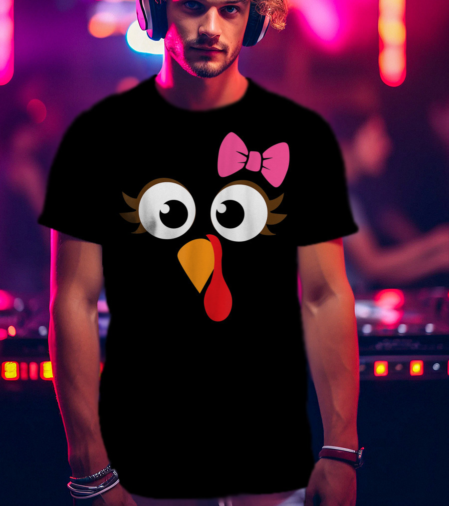 Turkey Face With Pink Bow Girl Cartoon Eyes T-Shirt