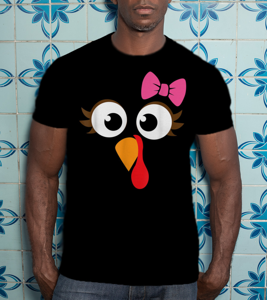 Turkey Face With Pink Bow Girl Cartoon Eyes T-Shirt