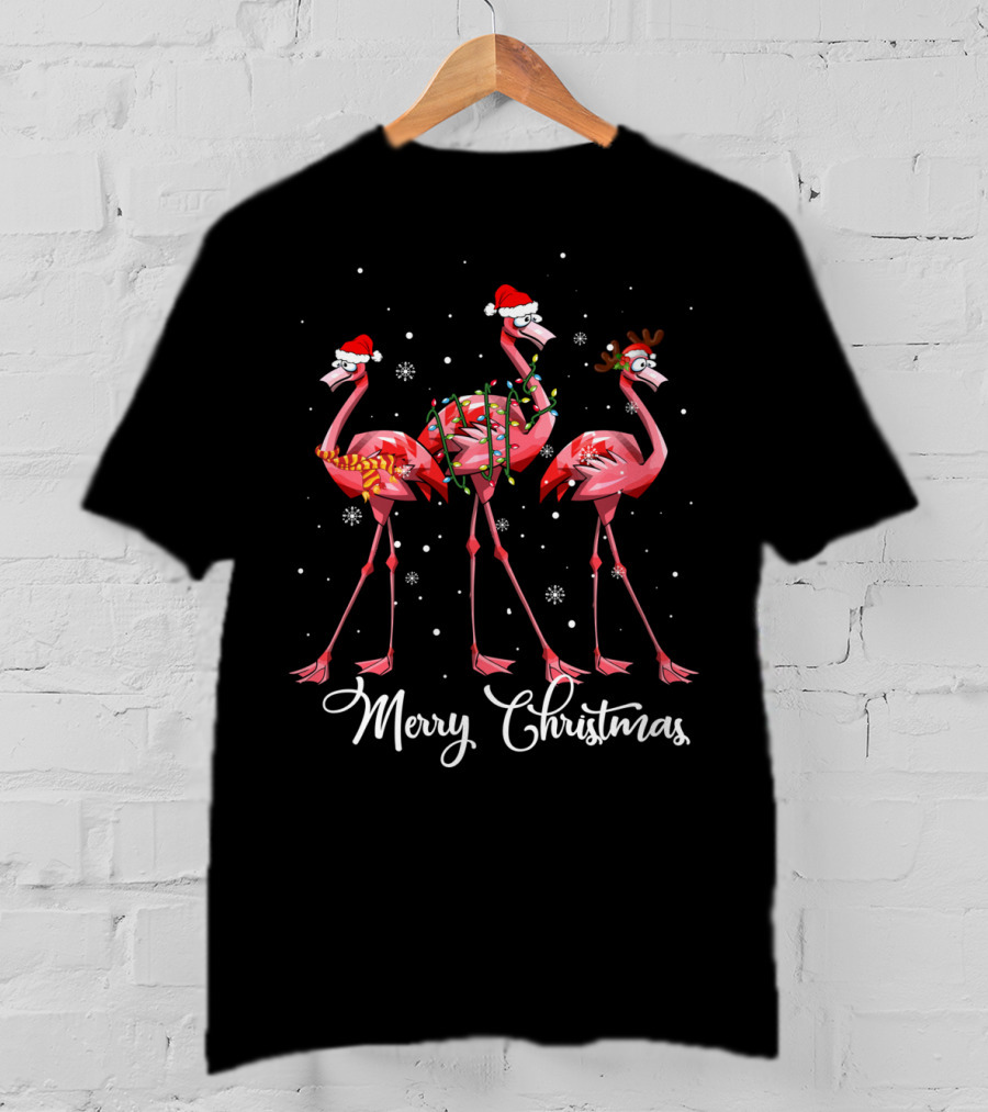 Merry Christmas Flamingo Christmas Lights Santa Hat Reindeer Antlers T-Shirt