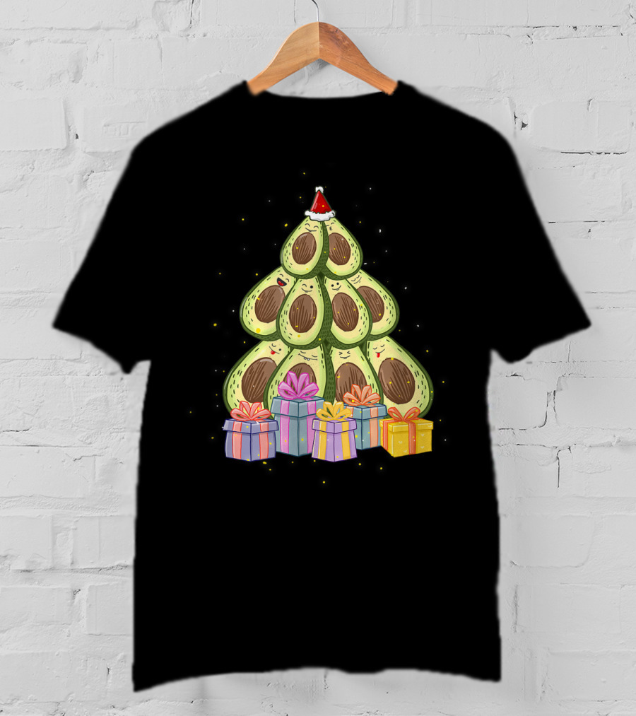 Avocado Christmas Tree With Santa Hat And Presents Avocado Lover T-Shirt