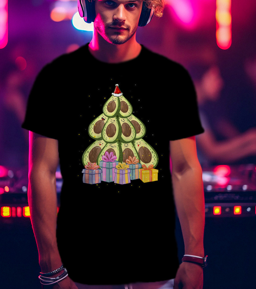 Avocado Christmas Tree With Santa Hat And Presents Avocado Lover T-Shirt