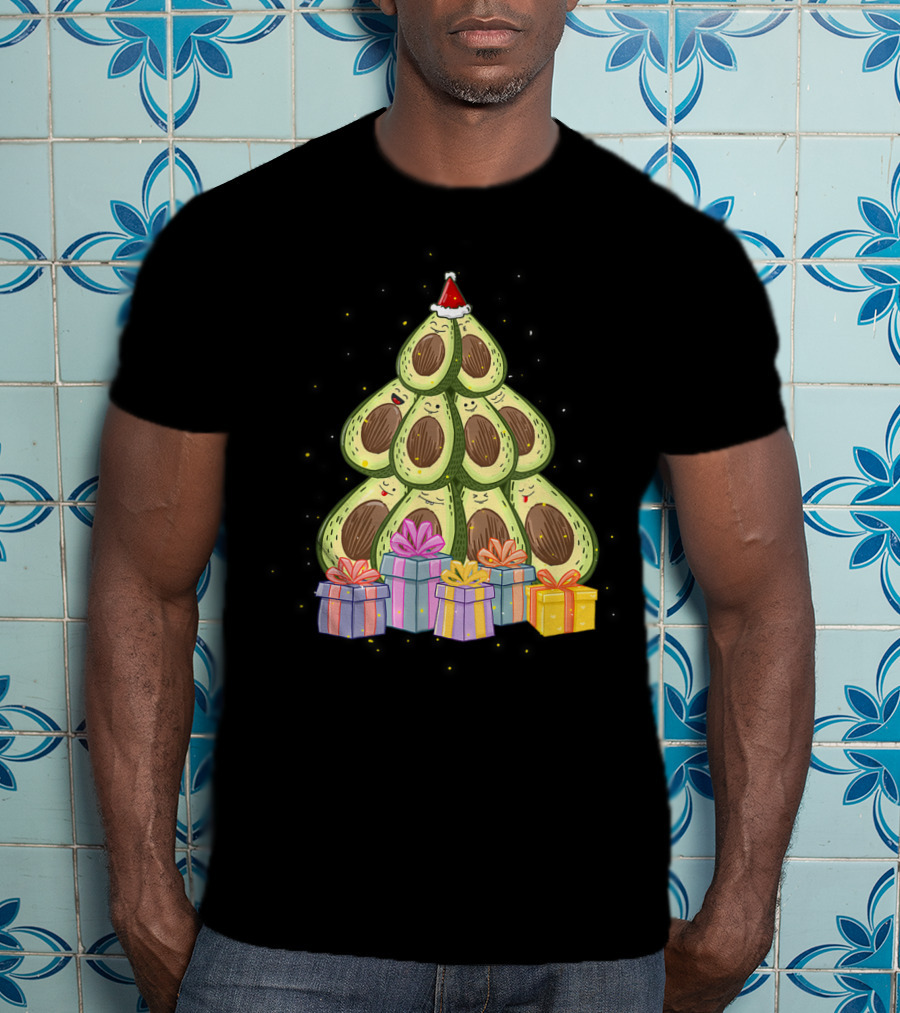Avocado Christmas Tree With Santa Hat And Presents Avocado Lover T-Shirt