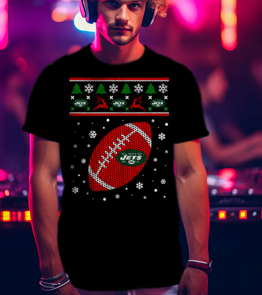 Football Lover Ugly Christmas Jets Team Holiday T-Shirt